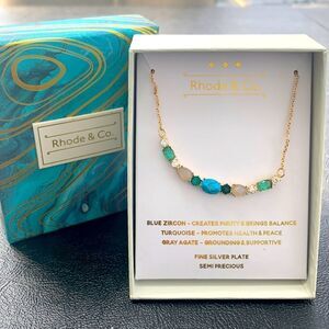 Turquoise, Agate & Zircon Gemstone Necklace – Silver Tone – Rhode & Co – 16–18”
